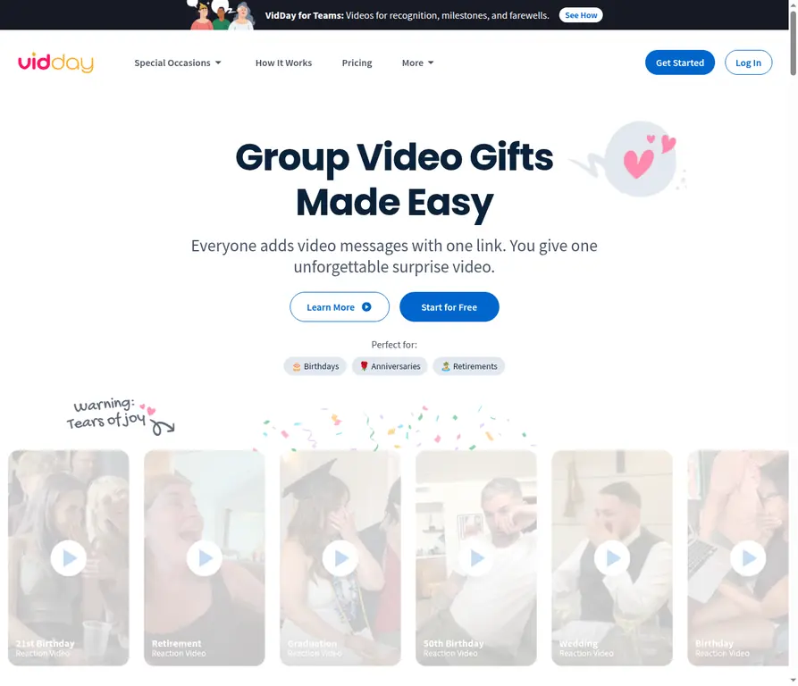 VidDay homepage showing group video gifts made from messages and photos