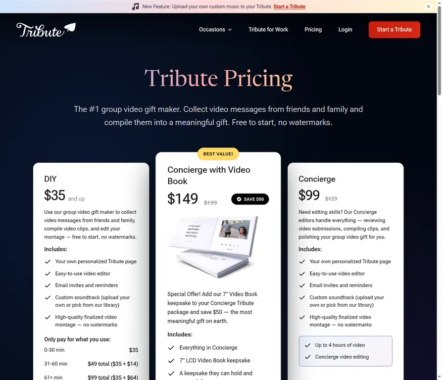 Official Tribute pricing page showing DIY, Concierge, and Video Book packages
