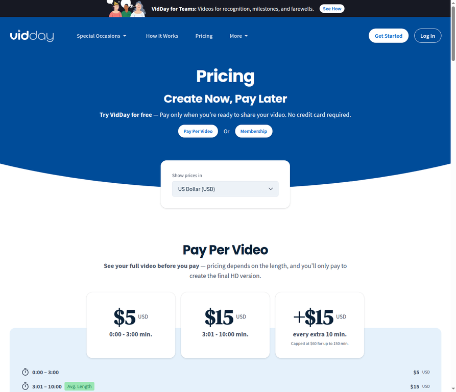 Official VidDay pricing page showing pay-per-video and membership plans