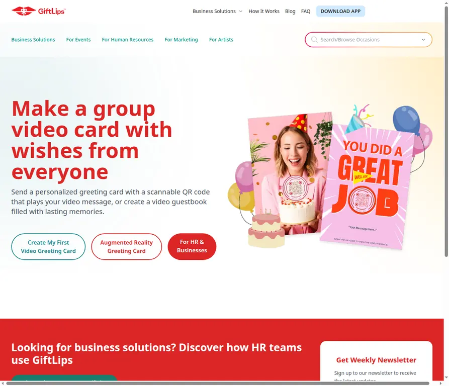 GiftLips homepage showing QR-code video greeting cards and video guestbooks