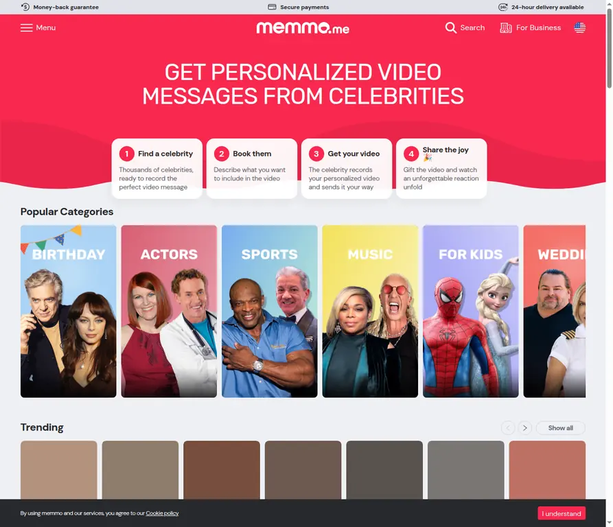 Memmo homepage showing celebrity video-message steps and creator categories