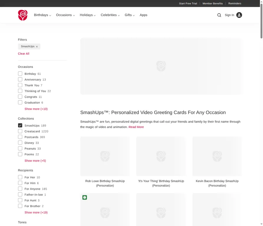 American Greetings SmashUps page showing personalized animated video greetings and filters