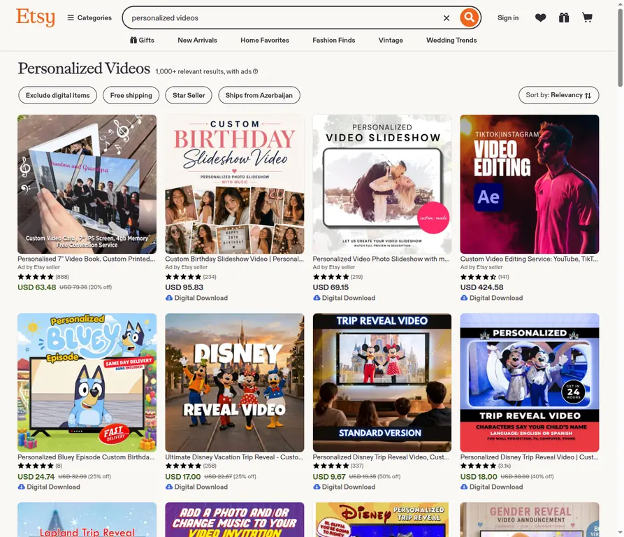 Etsy personalized videos marketplace showing seller-made slideshows, reveal videos, and video books