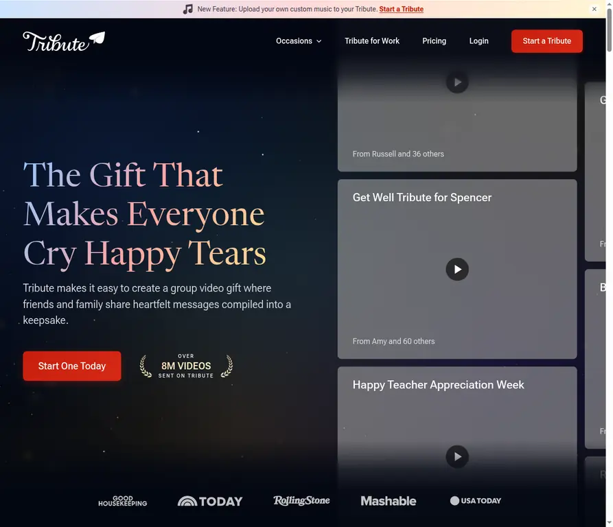 Tribute homepage showing group video gifts, concierge editing, and keepsake options