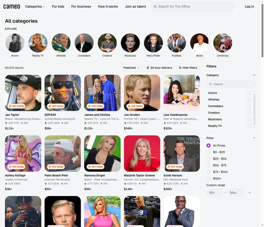 Cameo browse page showing public figures, categories, ratings, and creator-specific prices